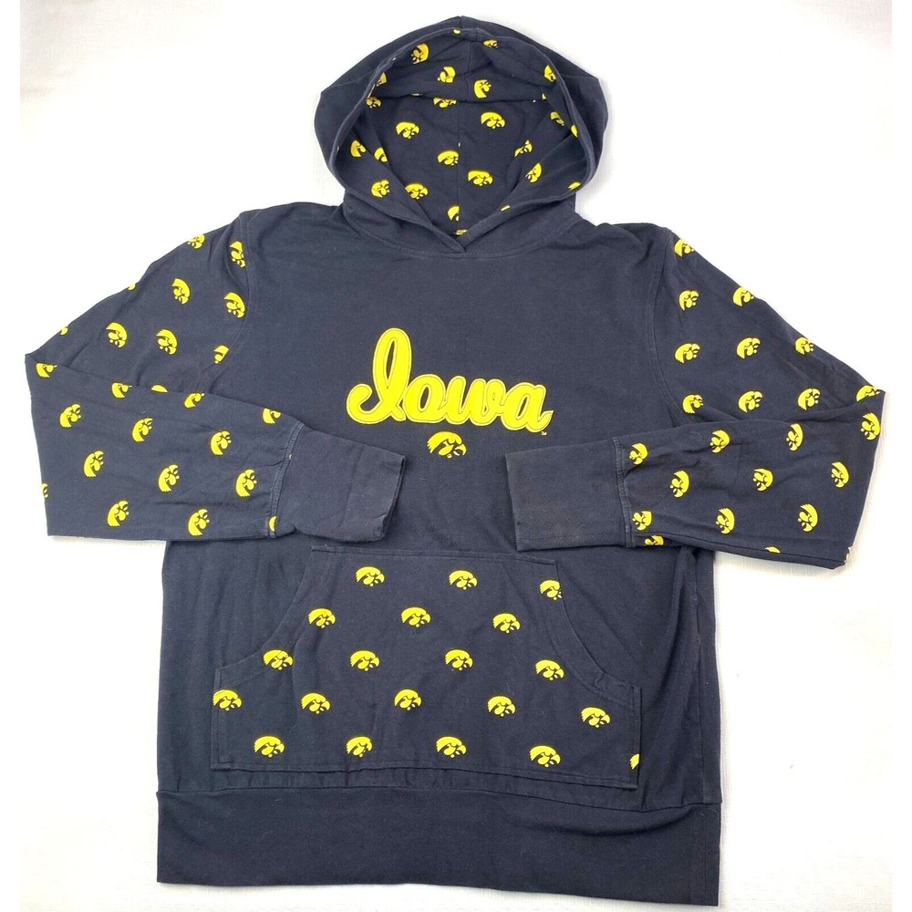 *RARE* IOWA Hawkeyes ALL OVER PRINT Tigerhawk Black Hoodie Sweatshirt! Logo Sz L